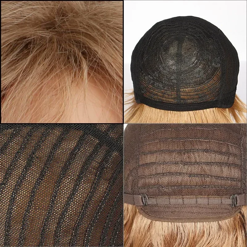 Wig Sintetis Coklat Campuran Potongan Pixie Pendek Wig Berlapis Keriting Alami dengan Poni untuk Wanita Rambut Palsu Tahan Panas Harian