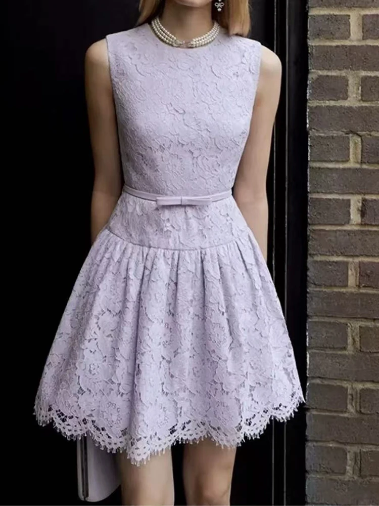 

2025 Summer New Fashion Temperament Purple Lace Dress Women Elegant Sleeveless O Neck High Waist Slim Party Robe With Belt
