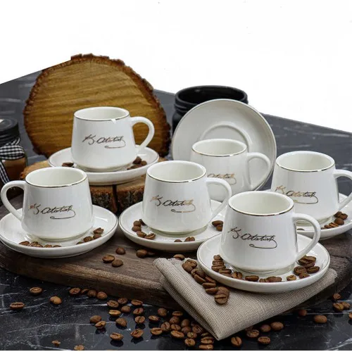 Atatürk Signed 12 Pieces Chubby Turkish Coffee Cup Set White For Kitchen Turkish Coffe Mugs Set Free Shipping Fast Delivery Hot