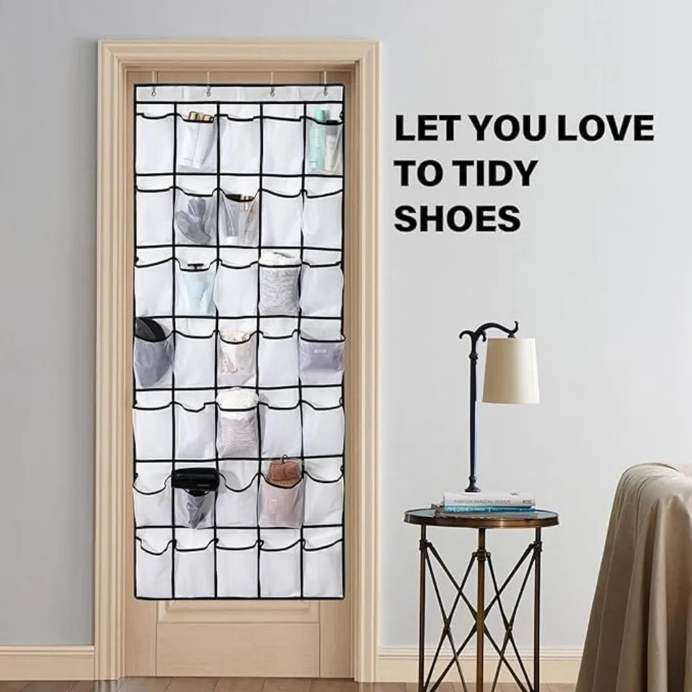 24-Pocket Over Door Shoe Organizer, Breathable Mesh Hanging Storage, White view 6