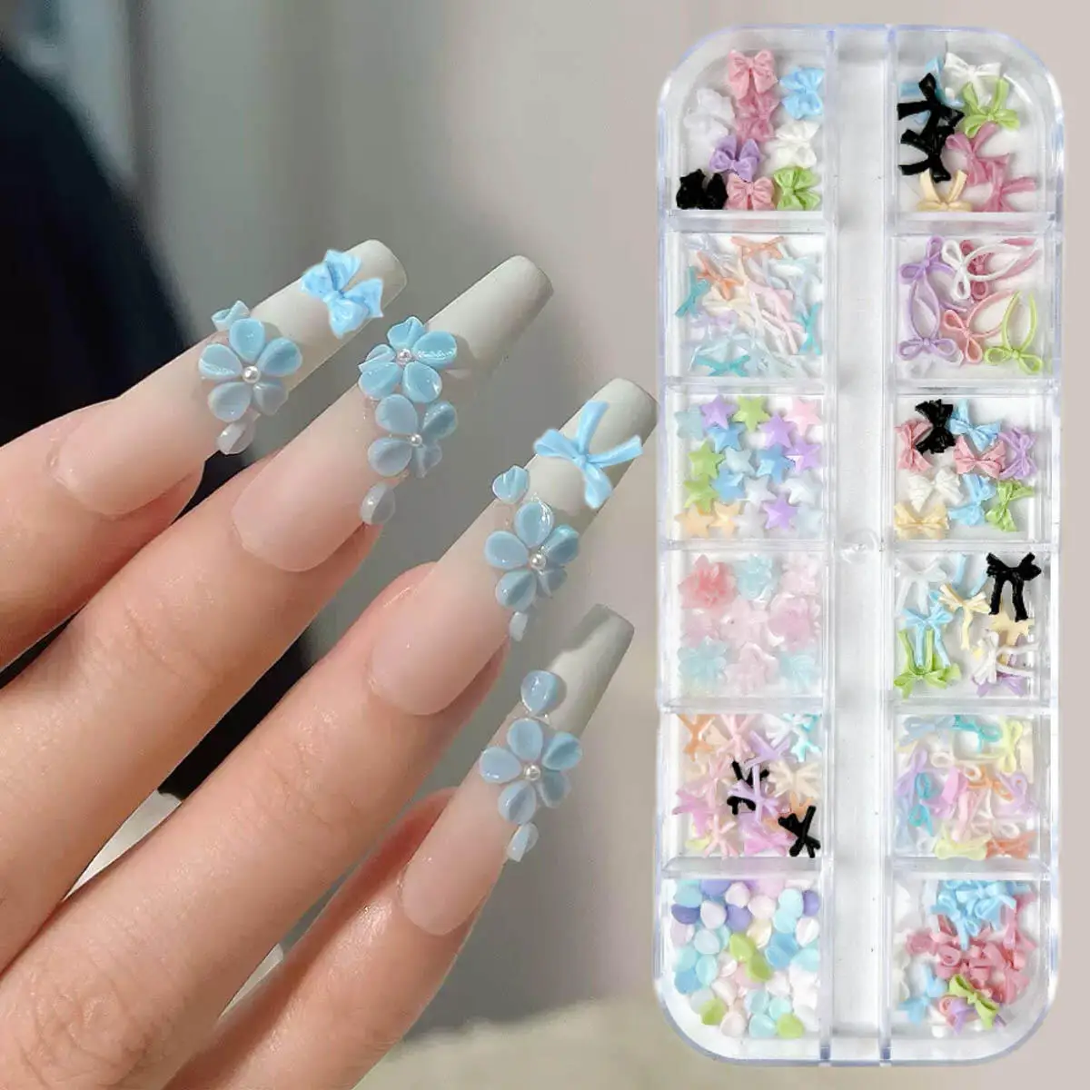 

12 Grids/Box Multi Styles Mini Resin Bow Nail Art Decoration Colorful Star Flower Bow Nail Charms Supplies For DIY Crafts Parts