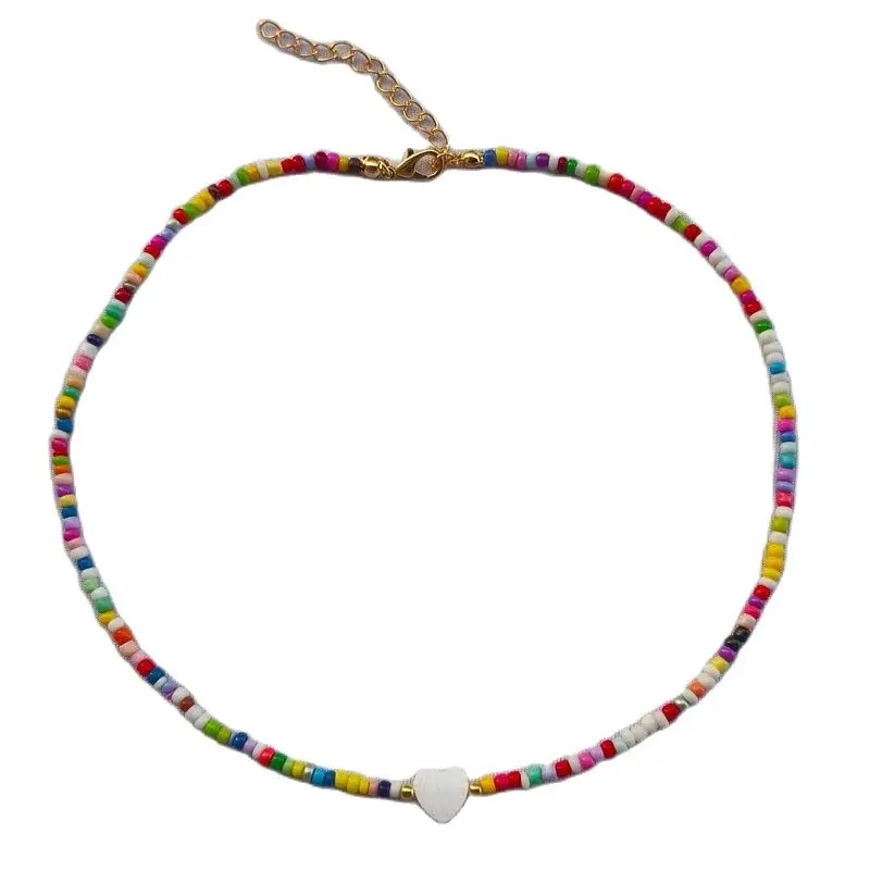 Handmade Multicolor Seed Beads Necklace for Women Multicolor Sweet Heart Pendants Necklace Summer Girls Choker Collar Fashion