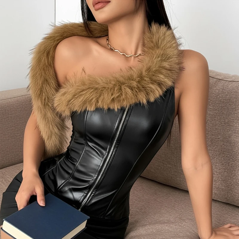 BKLD 불규칙한 디자인의 인조 모피 넥 PU 가죽 지퍼 슬림핏 쿨 패션 핫 걸즈 베스트 2026 Y2K 하이 스트리트 모터사이클 탑스