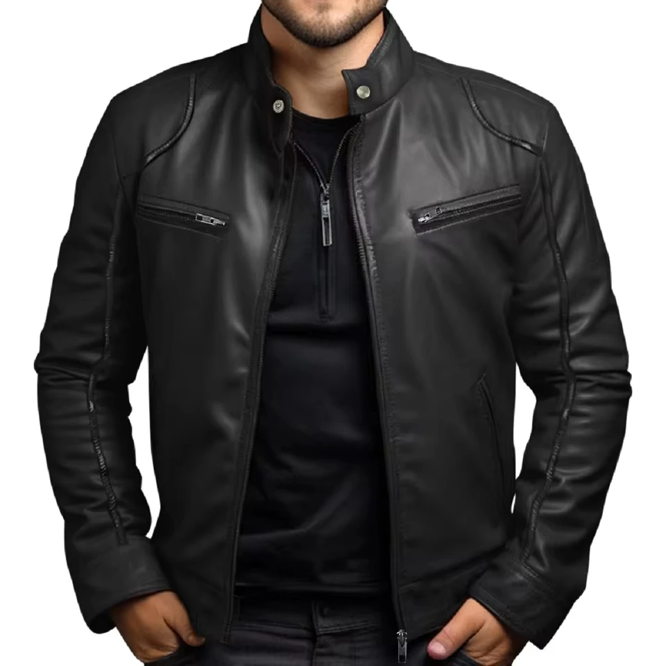 Men's Biker Leather Stand-up Collar Punk Leather Men