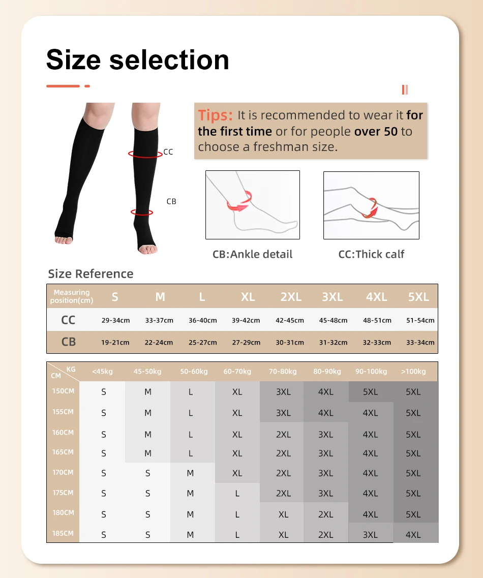 Leg beauty 15-21mmhg kniehohe Kompression strümpfe medizinische Waden socken mit offenen Zehen Krampfadern behandeln die Formung des abgestuften Drucks – Detail 2