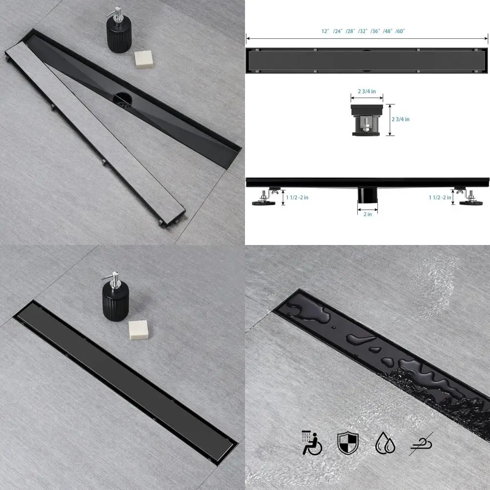 

24 Black Linear Shower Drain with Flat and Tile Insert, 2-in-1 Panel, AISI 304 Stainless Steel, Hair Strainer & Leveling Feet