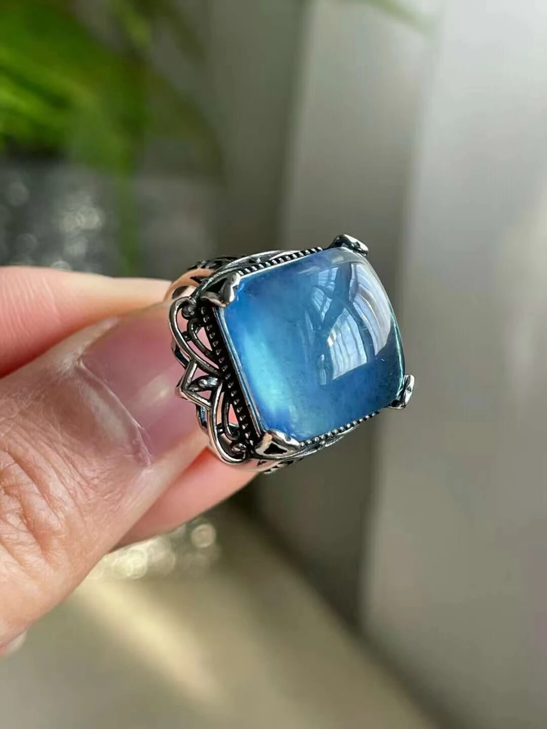 Natural Blue Aquamarine Ring Adjustable Ring 925 Sterling Silver 22.6*18.2*12.2mm Clear Bead Aquamarine Ring Jewelry AAAAAA