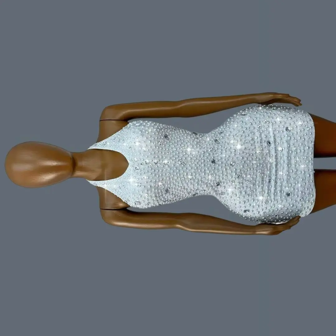 

White Pearl Sparkly Rhinestone Mini Dress Bodycon Party Outfit Women Birthday Cocktail Clubwear Luxury Cocktail Dress Baisizhu