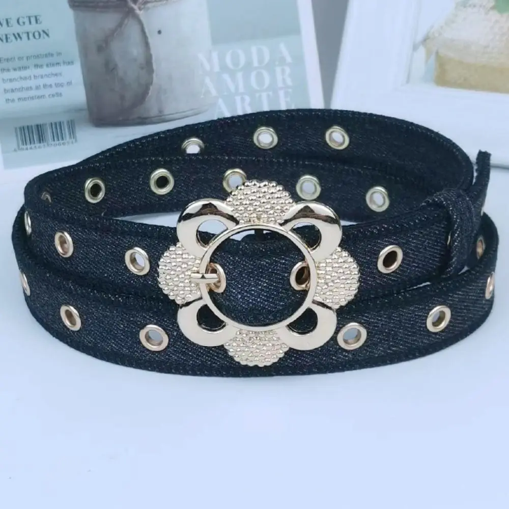 Casual Slim Fit Denim Waist Belt Metal Buckle Hollow Flower Design Fashion Belt Adjustable Waistband Belt Daily Outfit