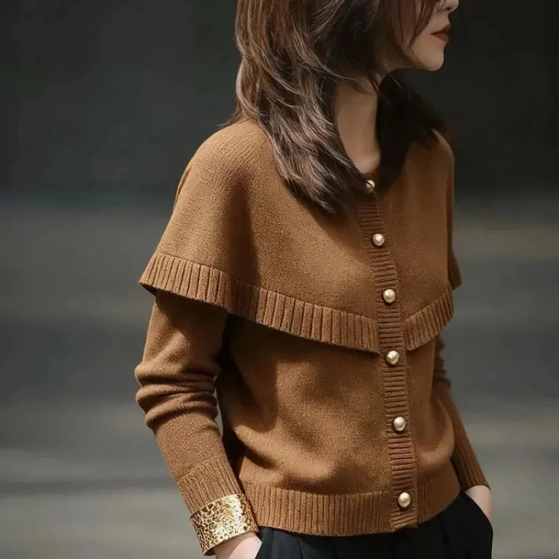 

Женский вязаный кардиган с жемчужными пуговицами и ребристой отделкой, элегантная осенне-зимняя одежда для офиса, женский стиль