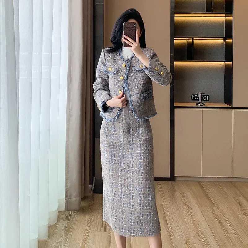 2025 ใหม่ชุดกระโปรงเสื้อผ้าผู้หญิง Tweed ภาษาฝรั่งเศสคํา Socialite Elegant Woolen สั้นเสื้อ + กระโปรง 2 ชิ้นชุดหญิง office lady