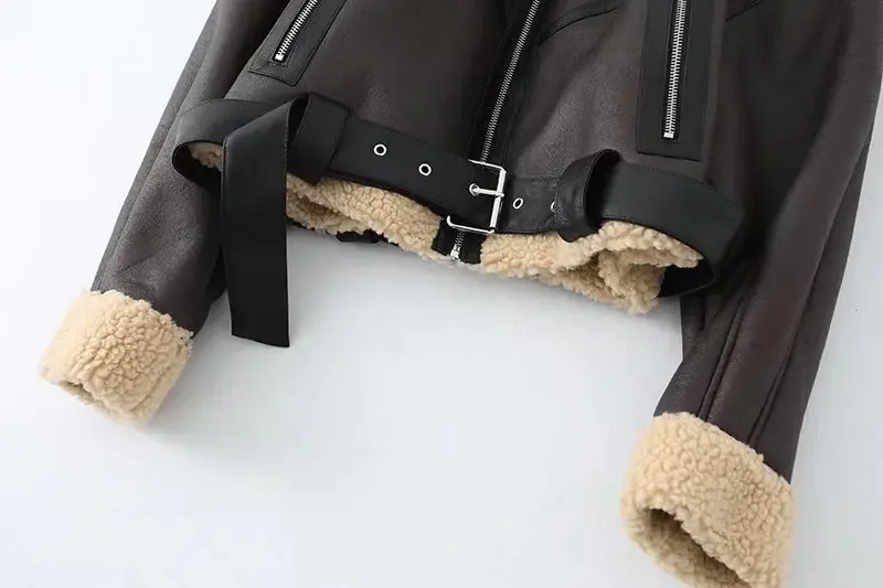 Women Fashion Thick Warm Faux Shearling Jacket Coat  Long Sleeve Belt Hem Female Outerwear Chic Tops