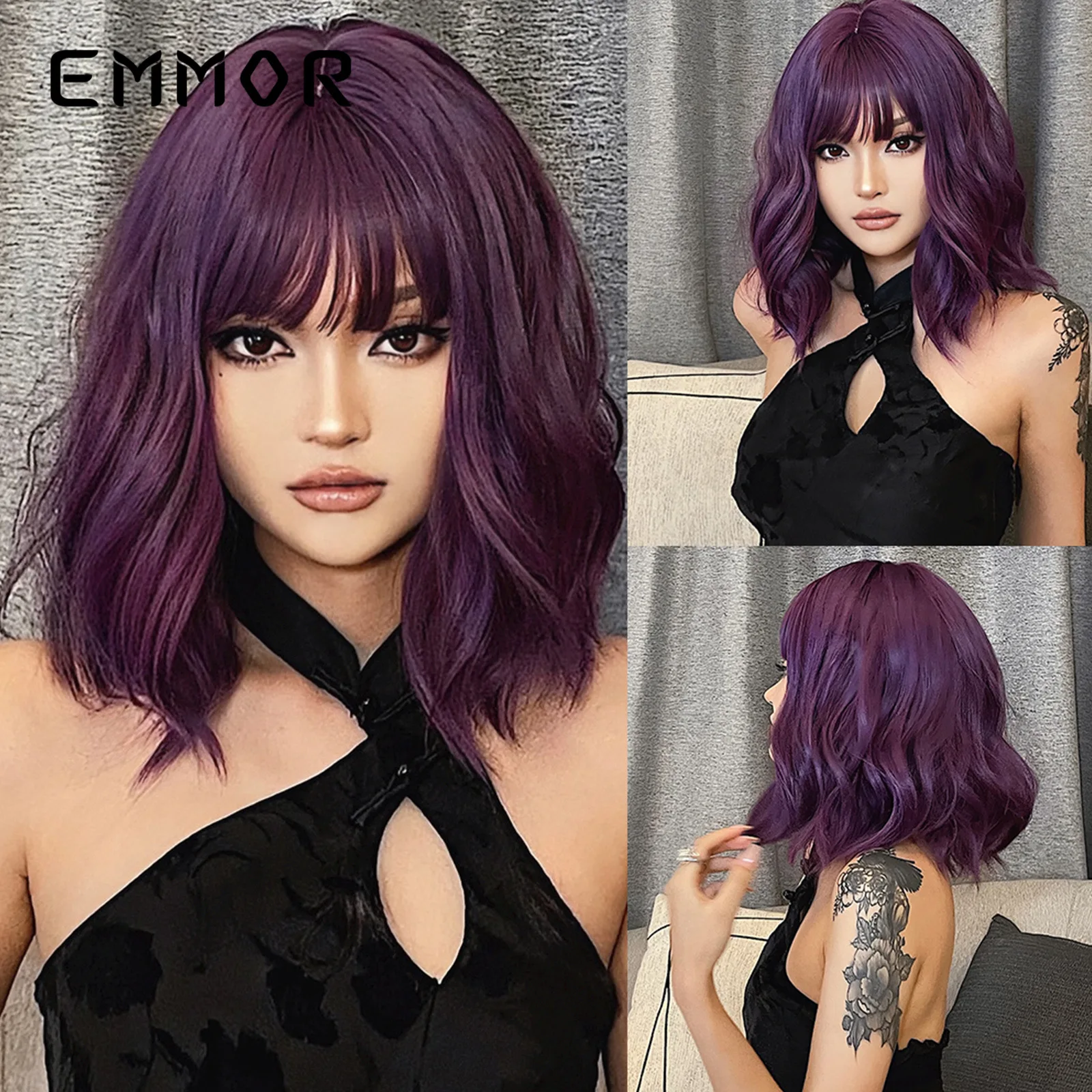 European American Style Orange Short Curly Bob Full Head Wig with Straight Bangs Natural Hairpiece for Women