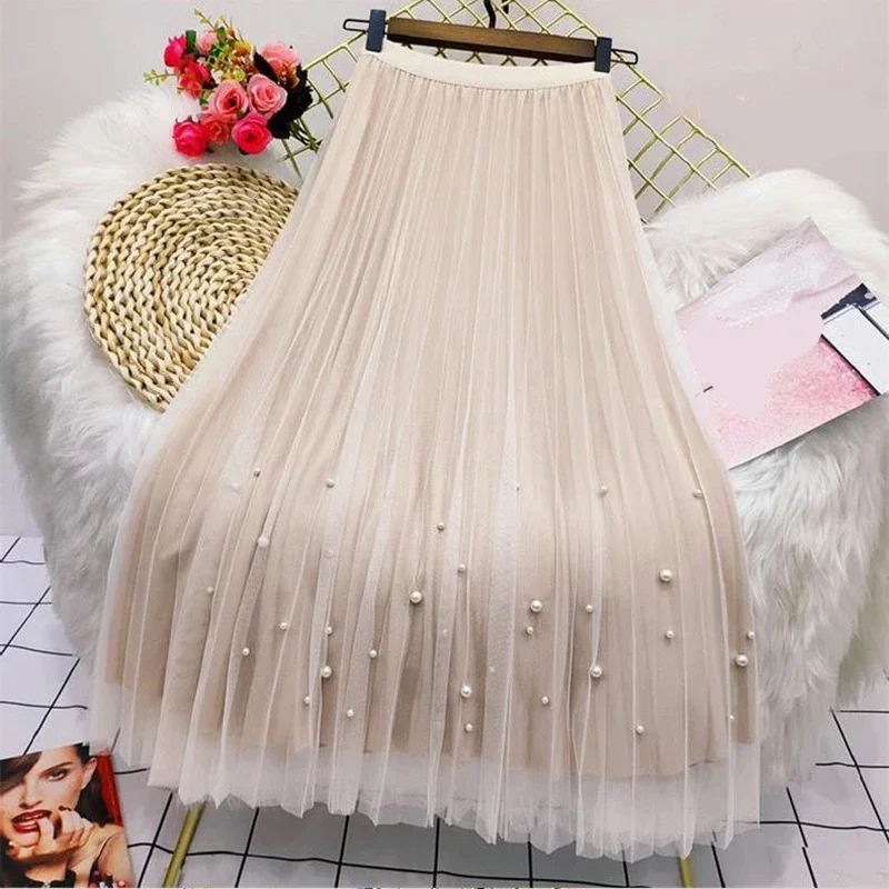 

Rimocy Both Sides Wear Pearls Mesh Skirt Women Summer Velvet High Waist Long Skirts Woman Solid Color A Line Pleated Skirts L583