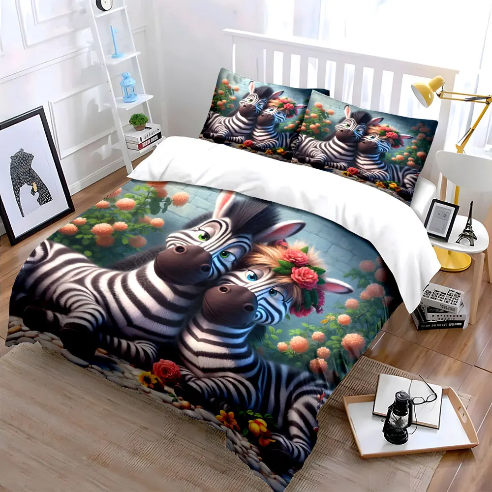 Zebras Relaxing Amid Floral Scenery Print Soft Comfortable Duvet Cover Bedding Set Included 1*Duvet Cover 2*Pillowcases
