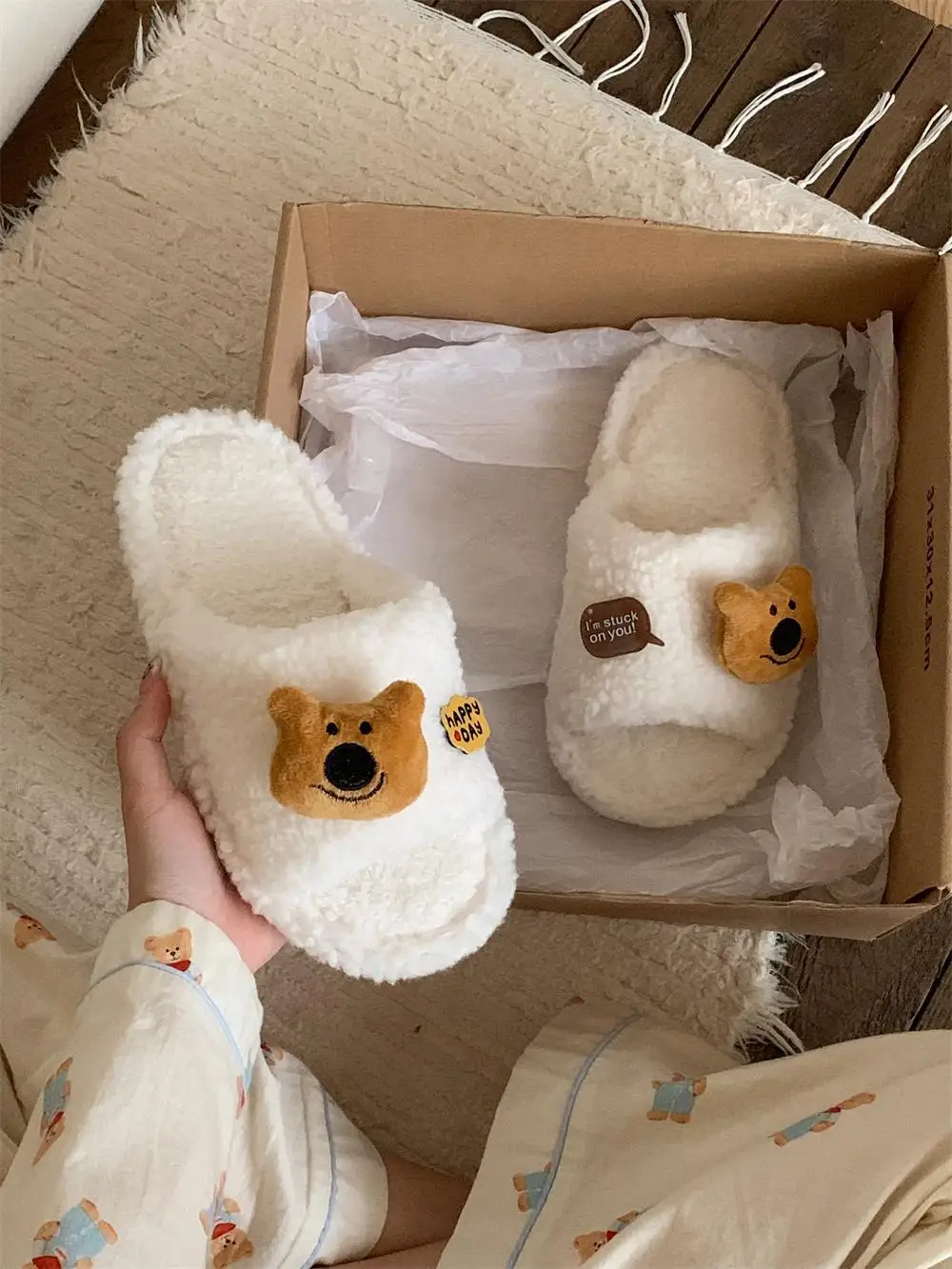 Home Slippers For Women Cute Letters Bear Head 2024 Autumn And Winter Students Casual Indoor Household Plush Cotton Slippers