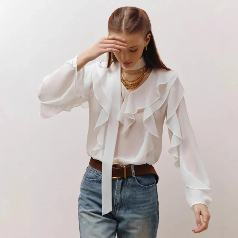 2025 Summer Chiffon Blouse For Women Loose Fit V Neck Long Sleeve Sheer Top With Ruffles Neck Tie Elegant Office Style Clothes