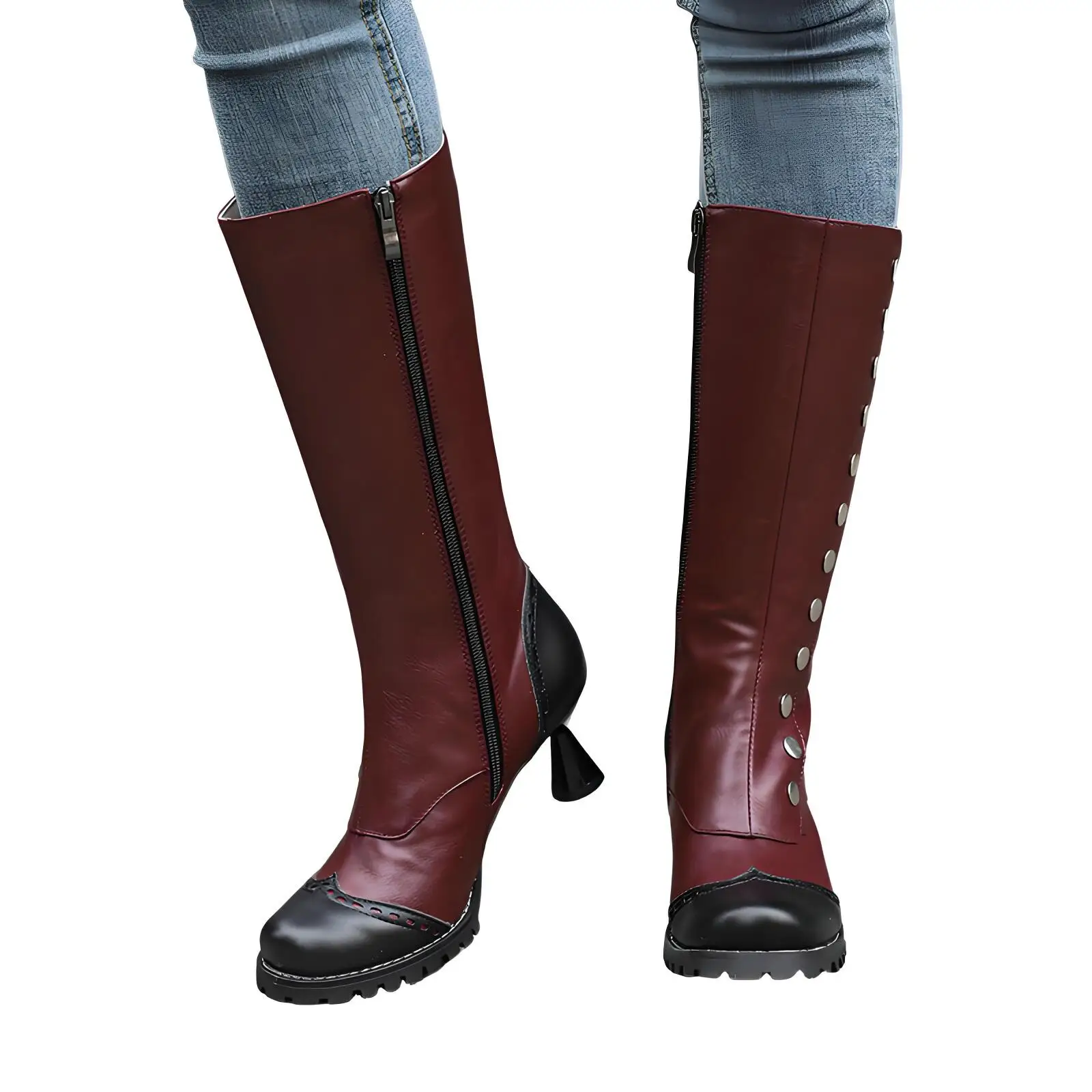 Women Medieval Steampunk Knight Boots Victorian Riding Boot With Zipper Studded Rivets Color Block Brogue Detail Cone Heel Boots 4