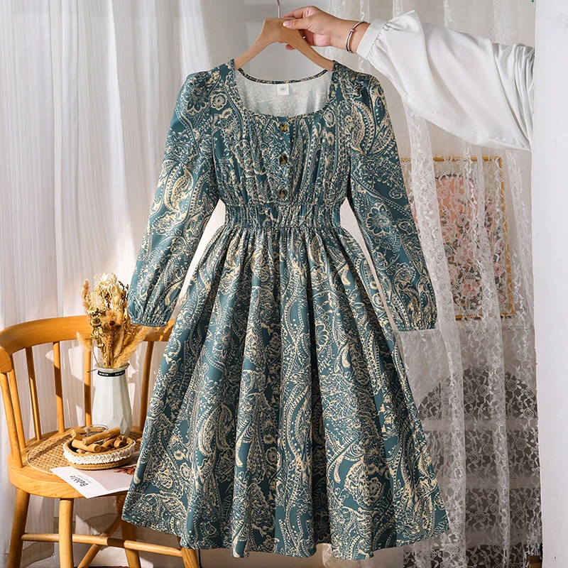 Girls 8‑12Y Spring Autumn Dress Paisley Print Square Neck Puff Long Sleeve Smocked Waist Flowy Midi Dress For Daily Wear