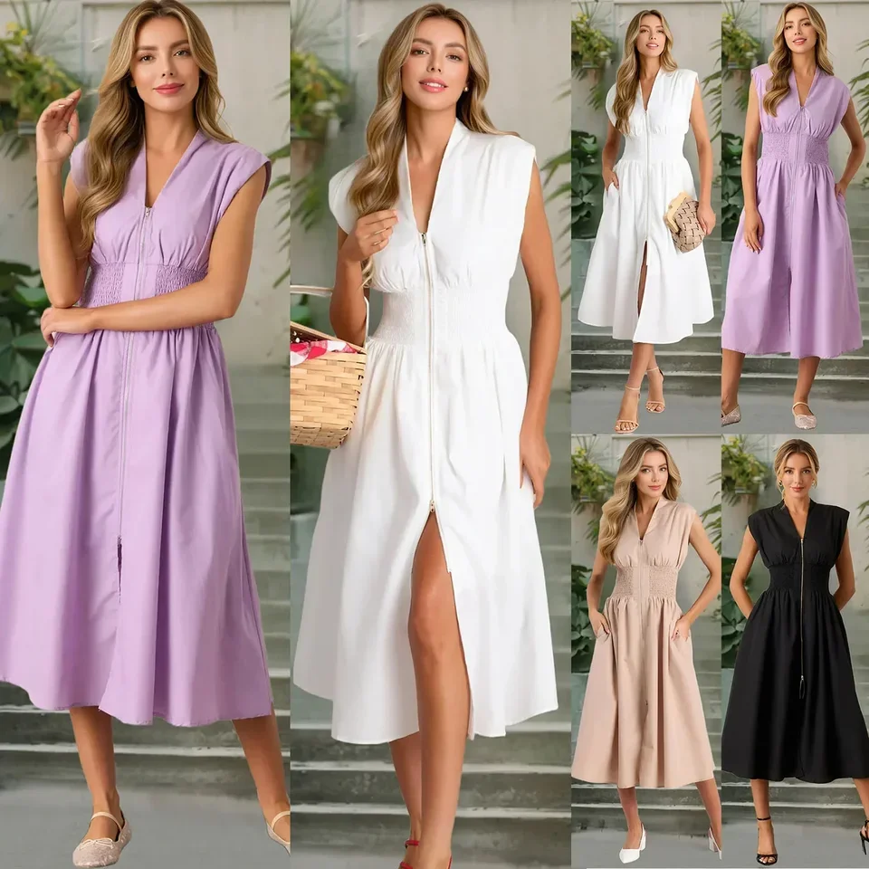 Robe d'été plissée sans manches pour femmes, fermeture éclair sur le devant, avec poches, ligne A, grand ourlet, robe de vacances Y2k
