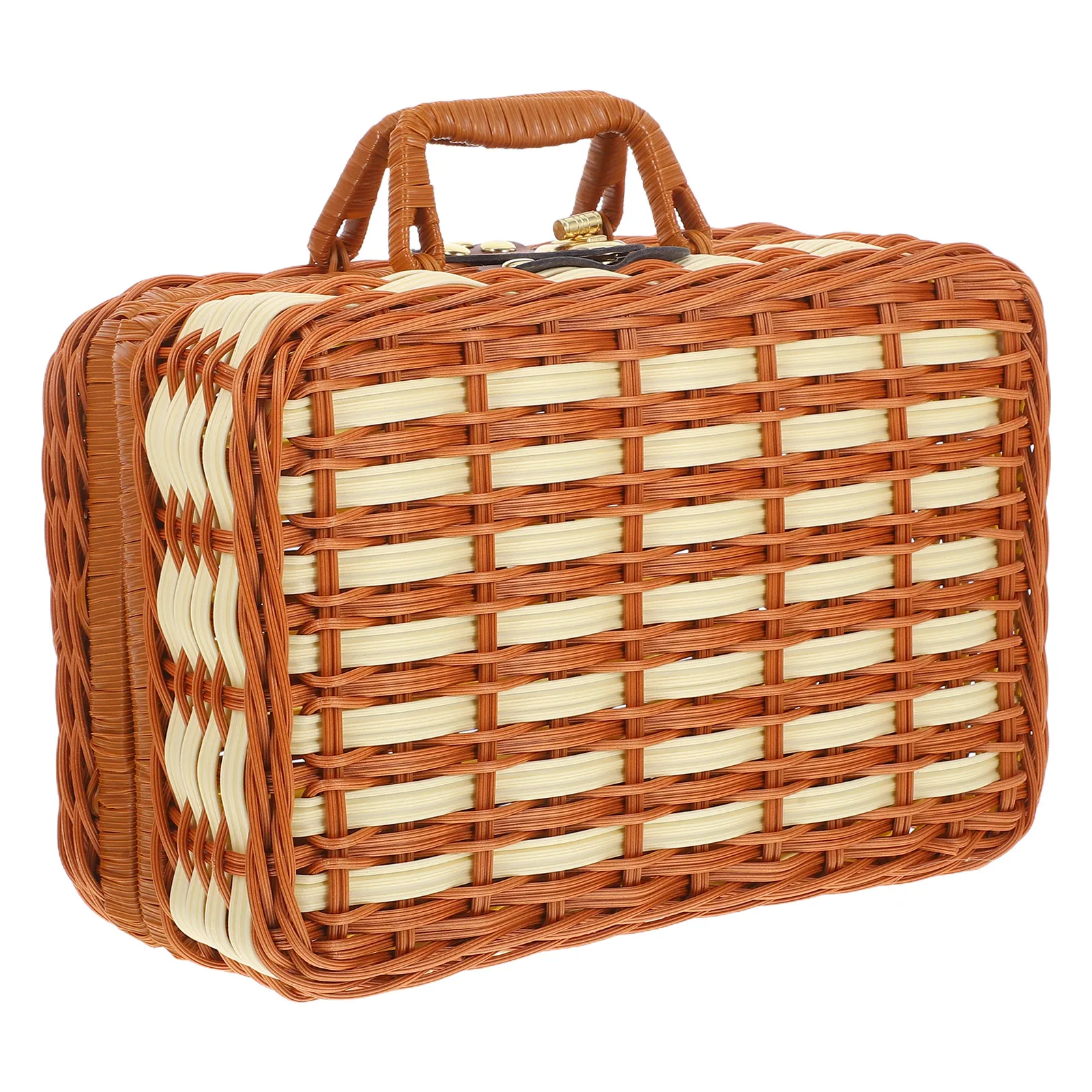 

Vintage Simulated Rattan Suitcase Large Capacity Dual Tone Handwoven Picnic Basket Sundries Organizer Decorative Storage Case