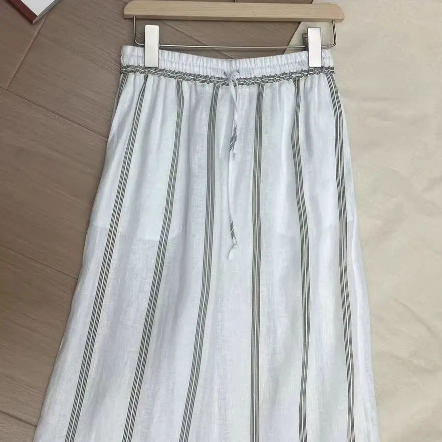 Summer Women's Leg Pants Linen High Waist Straight Wide Light Thin Pants Female Vacation White Full Long Striped Trousers