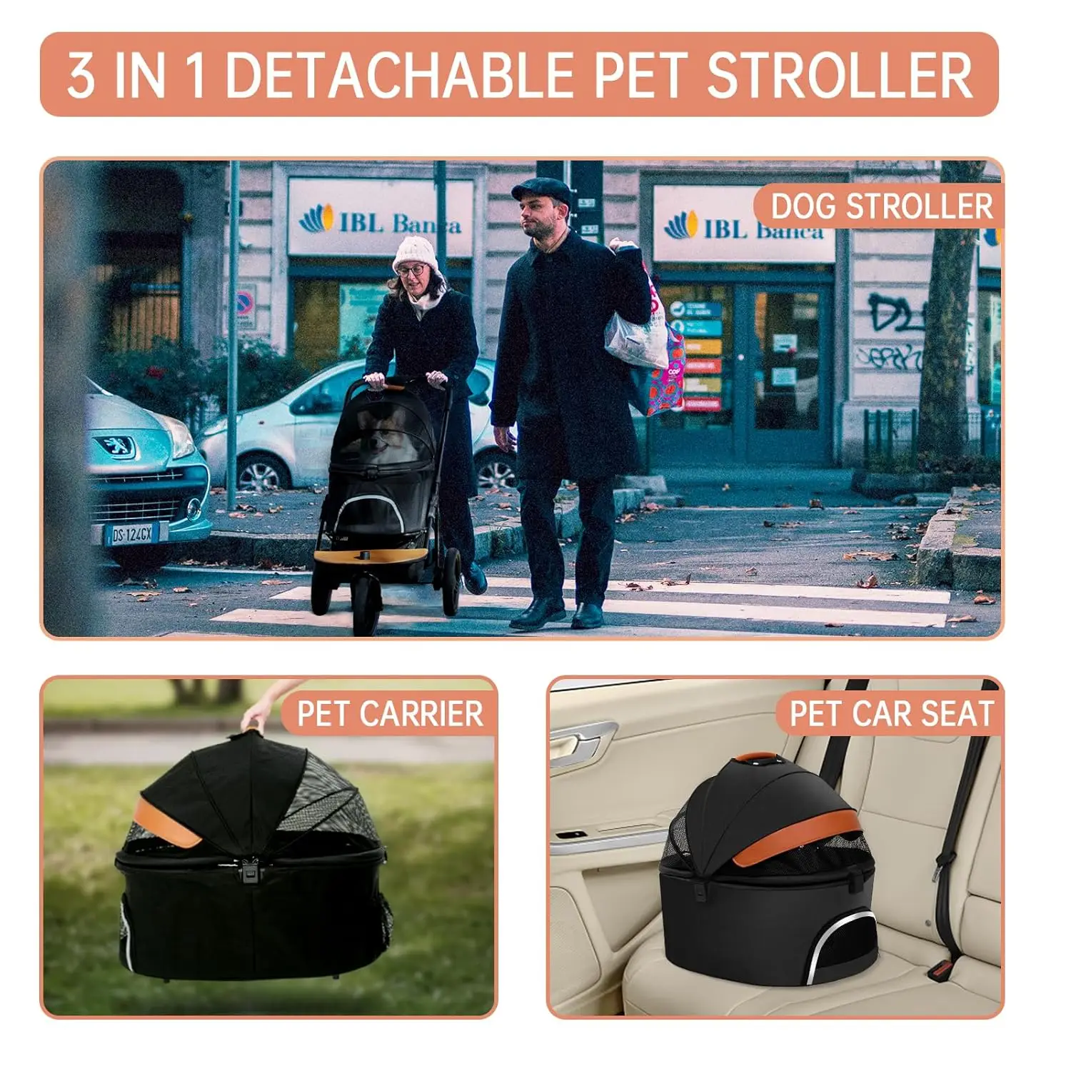 Dog and Cat Jogger Stroller, 3in 1 para cães pequenos médios, transporte destacável, 3 rodas