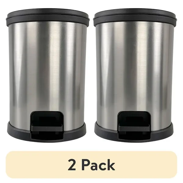 

(2 pack) Bathroom Trash Can, 1.5 Gallon, Plastic Round Step Garbage Bin, Silver