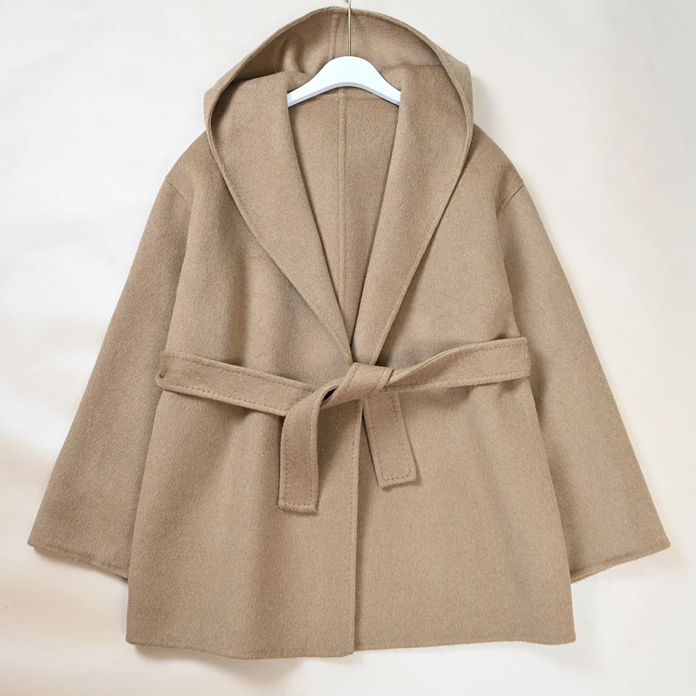 

Ele Double-Sided Woolen Coat with Hood for Women Loose Fit Mid-Length Thiened Long Sve Pure Color Winter New Arrival