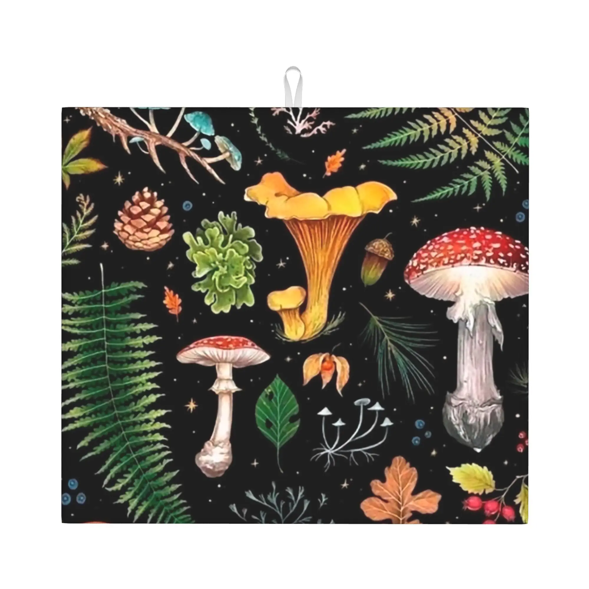 Drying Mat For Kitchen Psychedelic Mushroom Forest Botanical Barware Tableware Oil Proof Washable Kitchen Sink Drying Pad