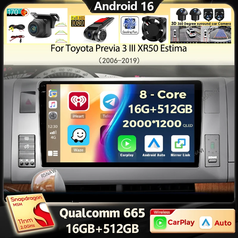 Android 16 Carplay Autoradio für Toyota Previa 3 III XR50 Estima 2006 - 2019 Navigation GPS Multimedia Player Stereo Video