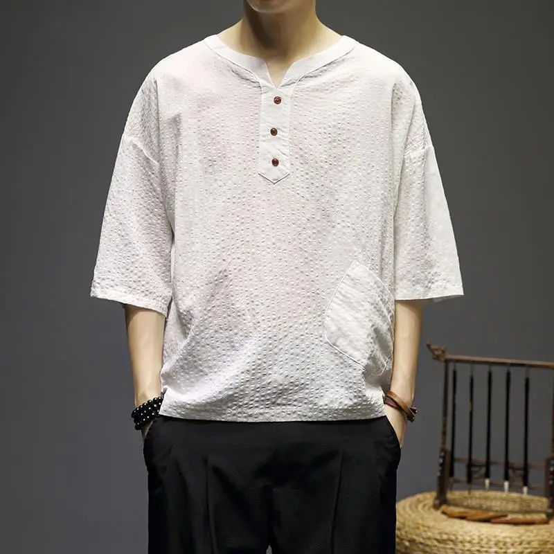 Summer Chinese Style Vintage Simple Versatile Cotton Hemp Short Sleeve T-shirt Men Solid V-neck Button Pocket Loose Striped Tops