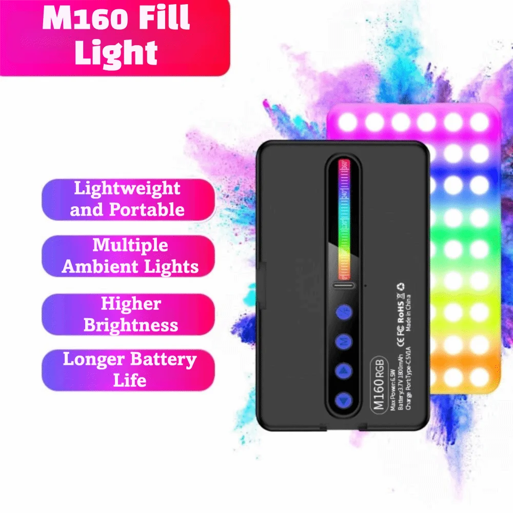 Dimmable RGB LED Video Light Full Color Output Rechargeable Photography Fill Lamp Cold Shoe Built-in 1800mAh
