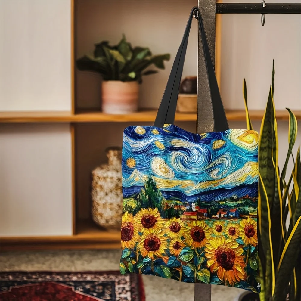 1 قطعة فان جوخ عباد الشمس والنجوم ليلة الفن طباعة حمل حقيبة سعة كبيرة دائم البوليستر قابلة لإعادة الاستخدام حقيبة تسوق البقالة
