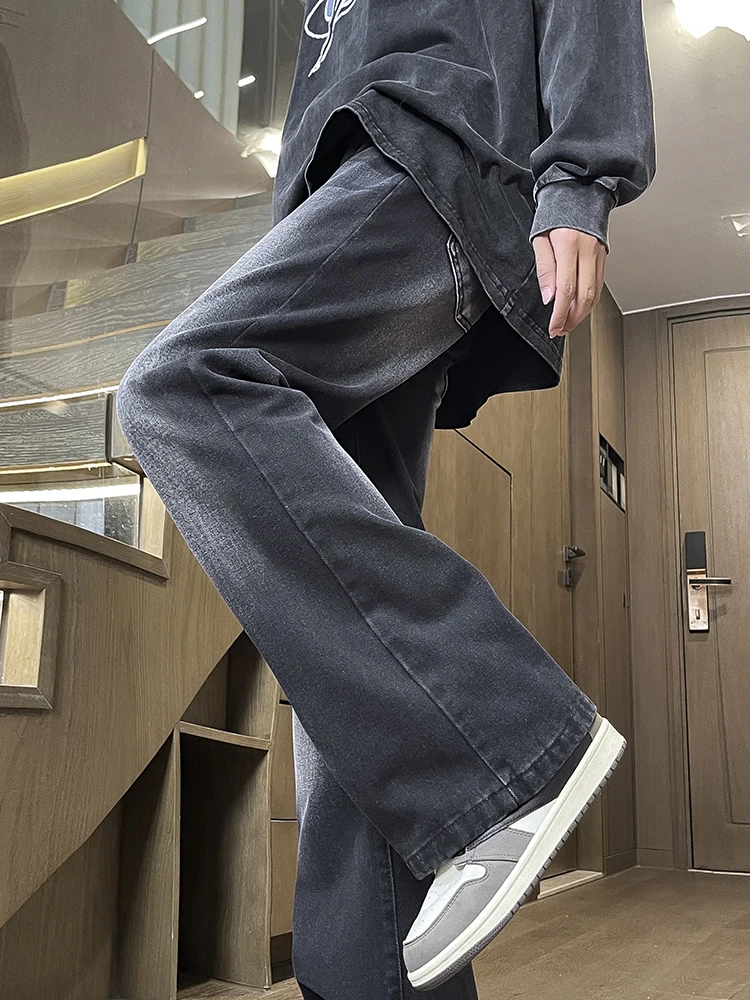 American High Street Bell Bottom Jeans Men's Casual Straight Loose Vintage Washed Boys' Pants Multi-Pocket Mid-Waist Long Cot...