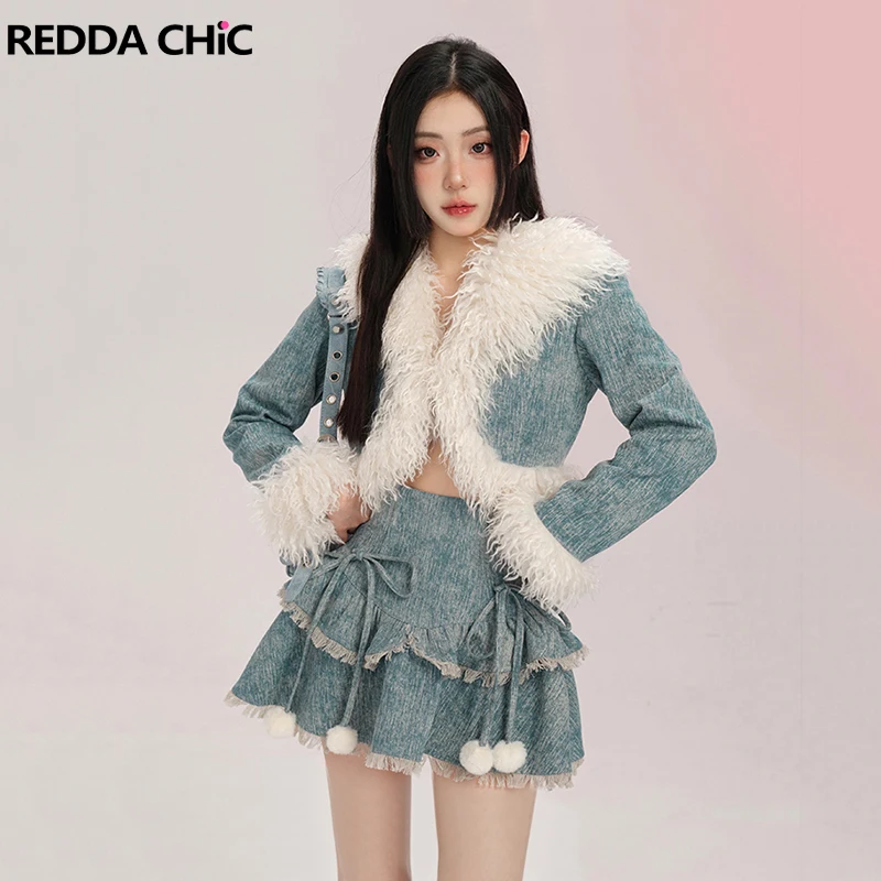 REDDACHiC Fur Trim Cropped Jacket minigonna donna 2 pezzi Set clacson Button cappotto trapuntato gonna torta di peluche Retro Blue Denim Suit