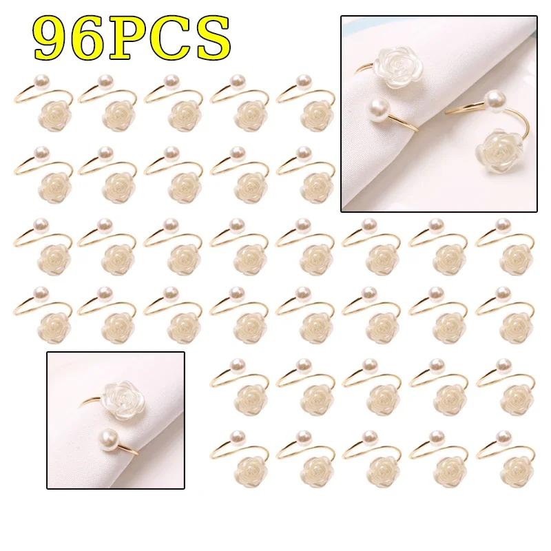 1-96PCS Valentine\'s Day Wedding Pearl Napkin Clasp Rose Creative Round Pearl Napkin Ring Sample Room Hotel Paper Towel Ring