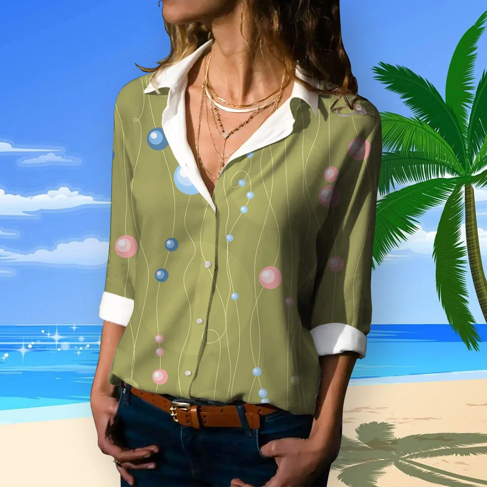 Trend iges Sommer hemd lange Ärmel Hawaii hemd Frühlings geometrie drucken Hawaii hemden Frauen einfache Büro Dame Bluse plus Größe