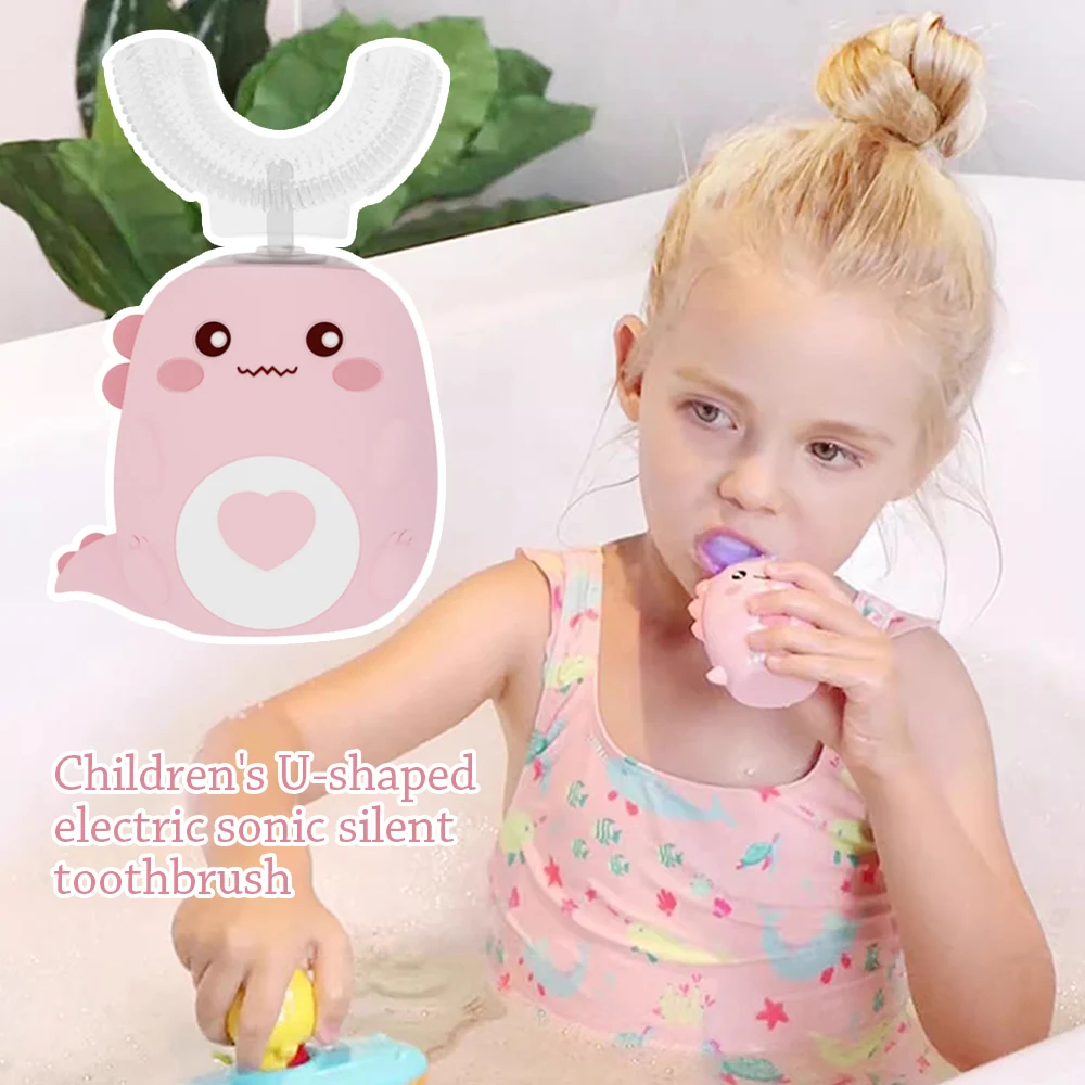 

2-6 Years Silicone Brush Head Children Tooth Brush Electric Silent Sonic Cleaning Toothbrush Little Dinosaur U-shaped