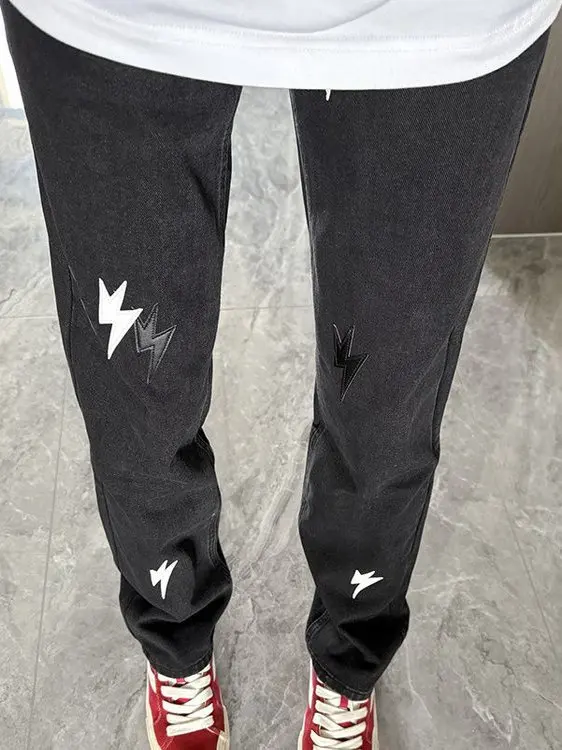 

plus Size 300 Pounds Unisex Lightning Denim Pants Straight Leg Loose Fit Trendy Streetwear Jeans High Waist Water Washed