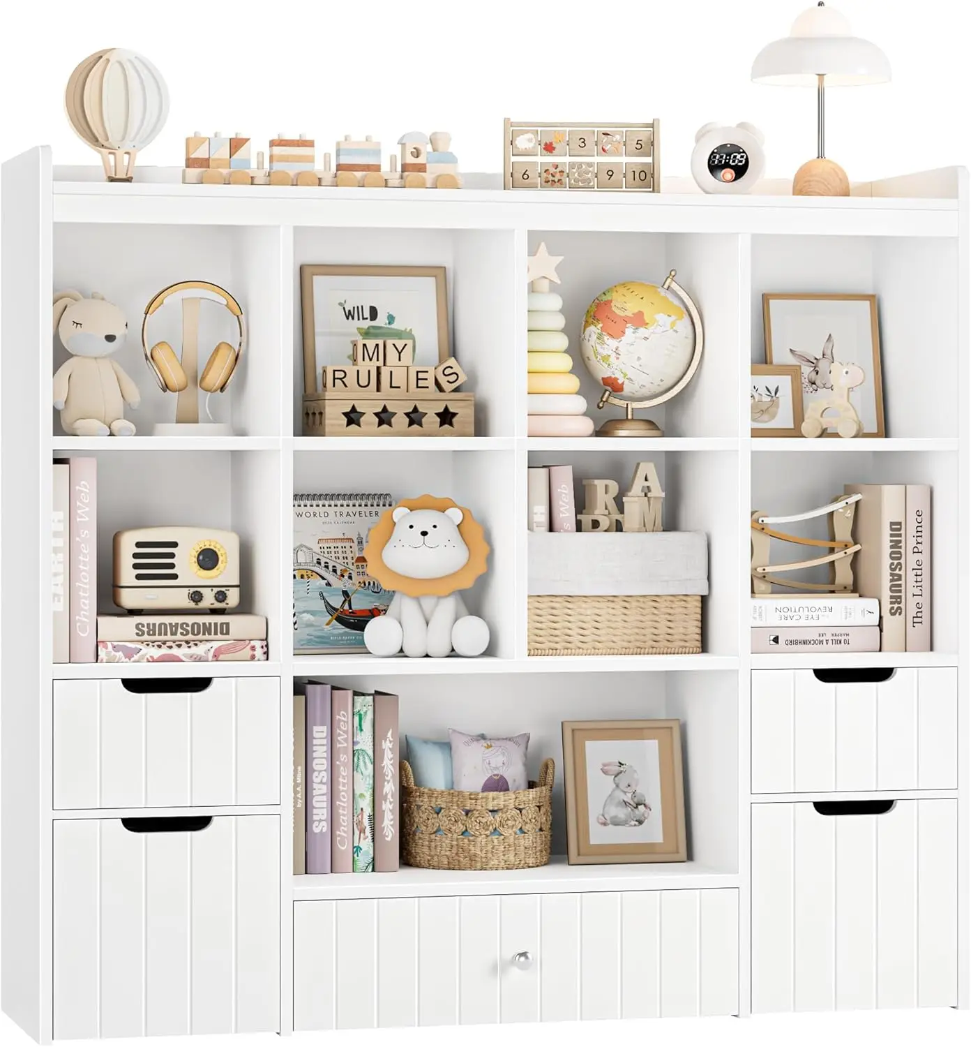 Large 48W Kids Toy Storage Organizer with Removable Bins, Bookshelf and Drawers