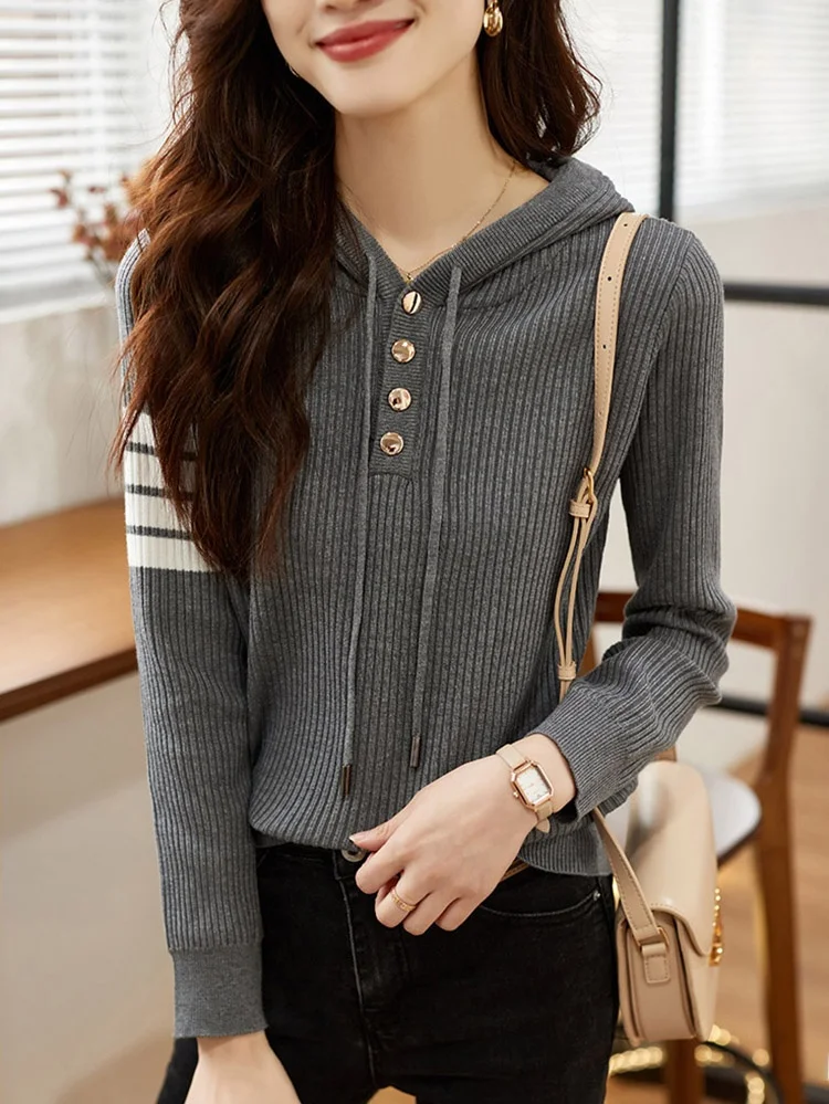 

Trendy Striped Hooded Women's Knitwear Top Versatile Faionable Long Sve Regular Fit Commute Sle Gluecs Fiber Blend