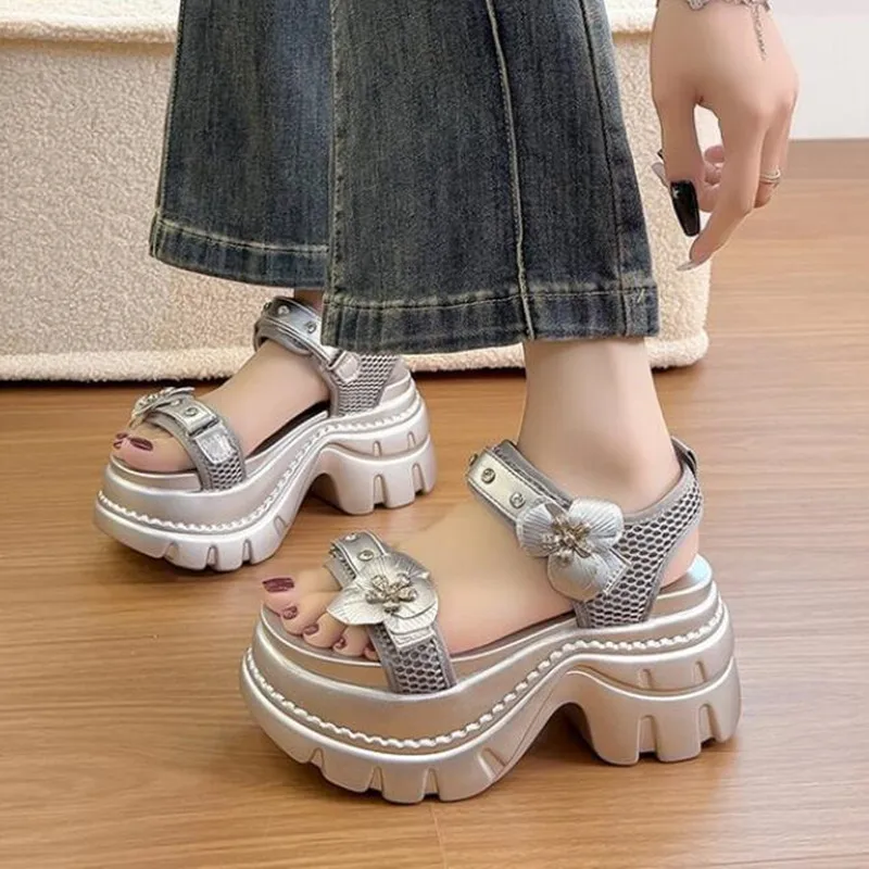 Sandalias de Plataforma con Flores de 9cm, Diseño 2026, para Mujer, Verano, Punta Redonda, Cómodas, de Buena Calidad, Hermosas y Elegantes