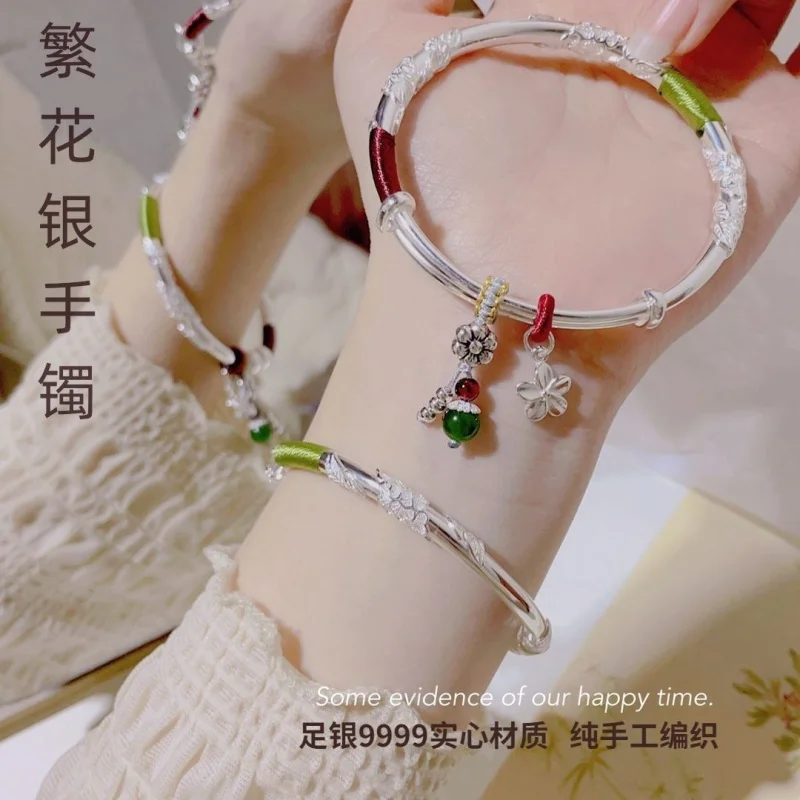 

9999 Blossoming High-Quality Push-Pull Silver Bracelet Girlfriend Wife