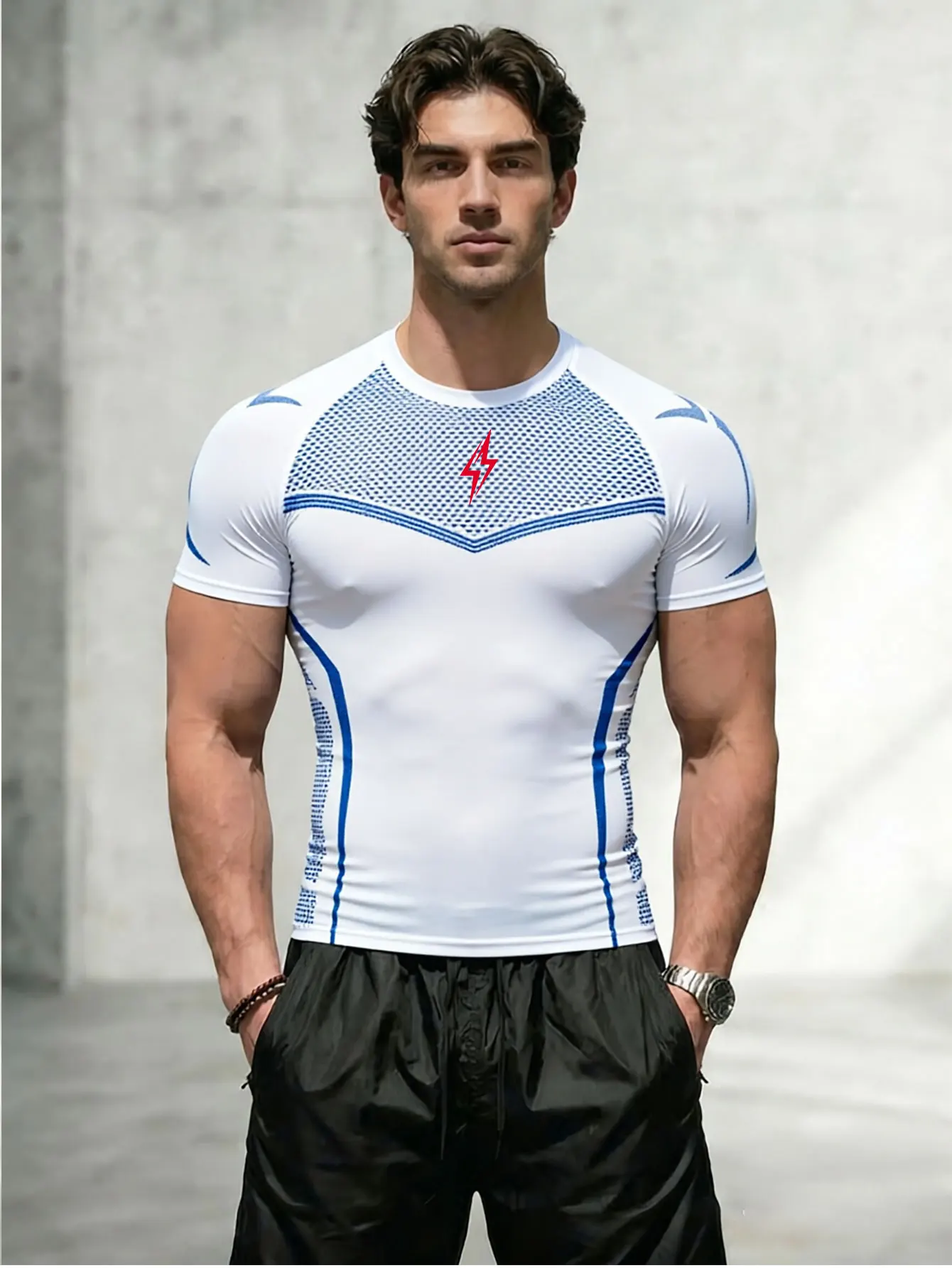 Men's Minimalist Small Logo Print Quick-Dry Compression Short Sleeve High-Stretch Breathable Slim-Fit Fitness T-Shir