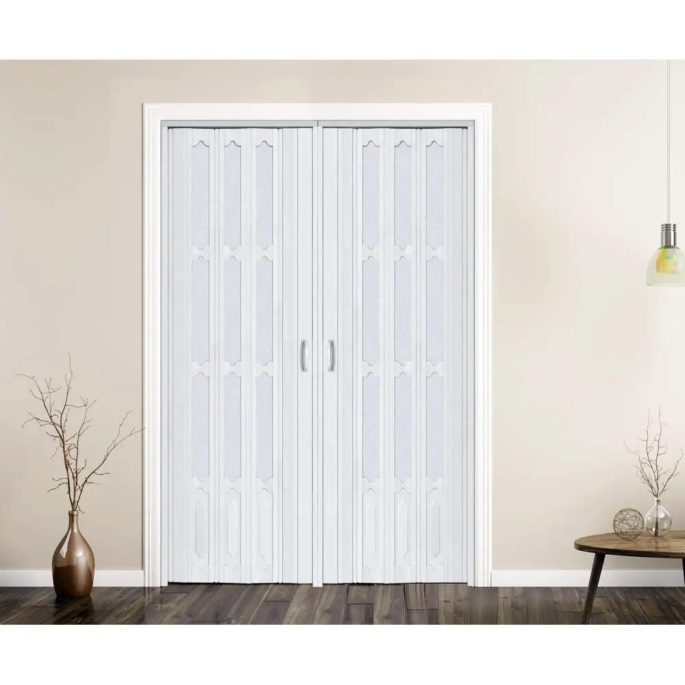 Interior Accordion Door Folding Closet Door 60X80in White Beech PVC Frosted Acrylic Mounting Hardware Handle Latch Durable Easy