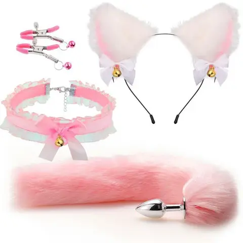 Cute Fox Tail Anal Plug Bow-Knot Soft Cat Ears Headbands Collar Erotic Cosplay SM Sex Toys for Female Male