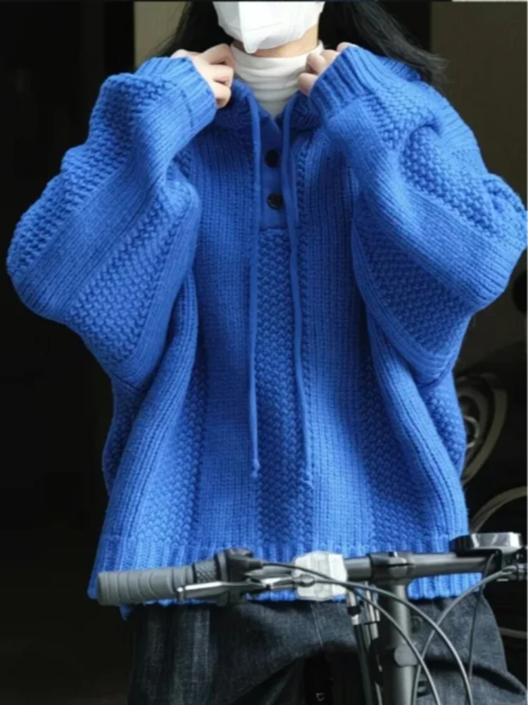 

Осень и зима, новинка японского Y2K в стиле Харадзюку Klein, синяя женская толстовка с капюшоном в американском стиле ретро, модный вязаный свитер для девочек, эмо