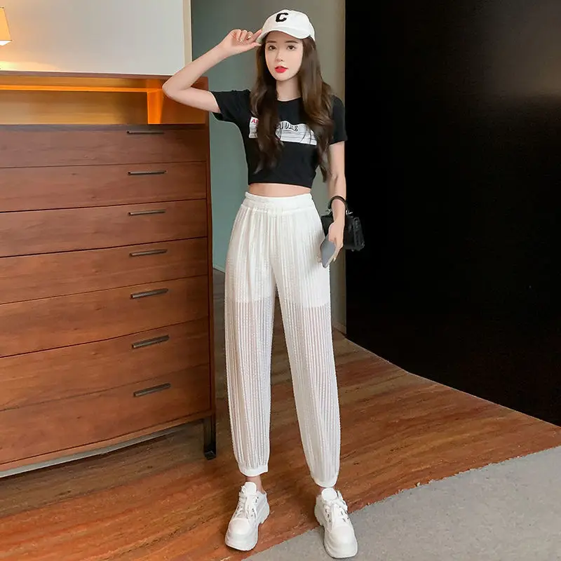 

Летние шаровары, быстросохнущие брюки для женщин, мешковатые сетчатые брюки, классические удобные эластичные эластичные новые женские брюки одного размера G