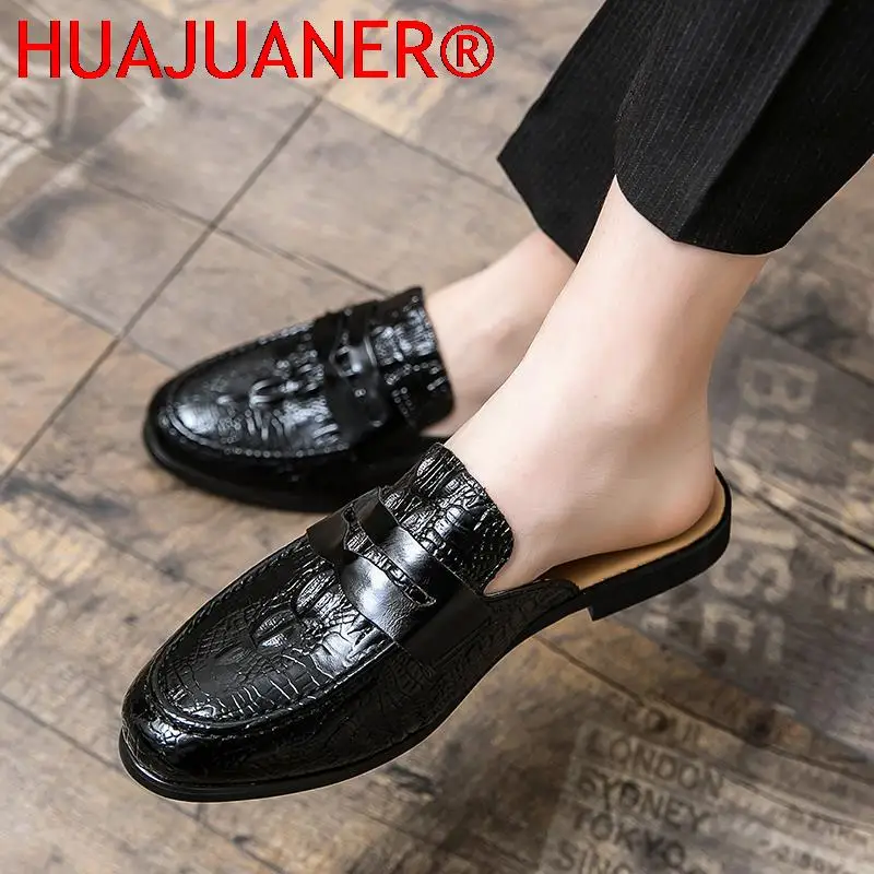 Summer Men Shoes Men Half Slippers High Quality Men Crocodile pattern Leather Casual Shoes Loafers Flip Flops Lightweight Flats